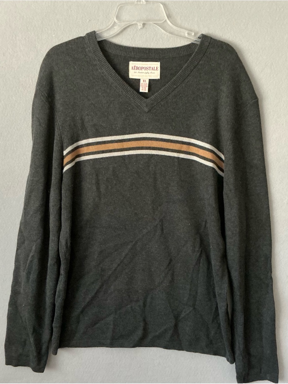 Aeropostale Vintage V-Neck Sweater XL Grey Striped Knit 90s Grunge Skater Boho